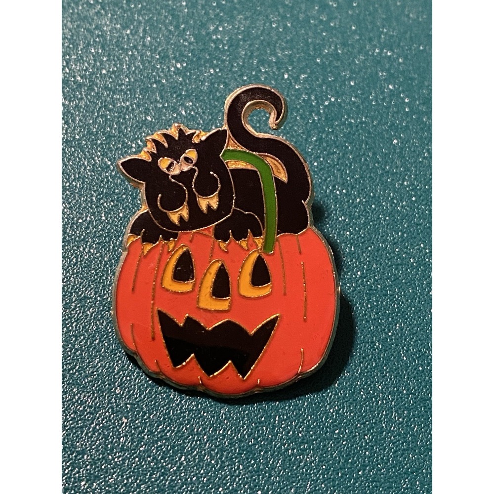 Vintage Halloween Enamel Pin Black Cat Orange Pumpkin Jack O Lantern Cat Lovers